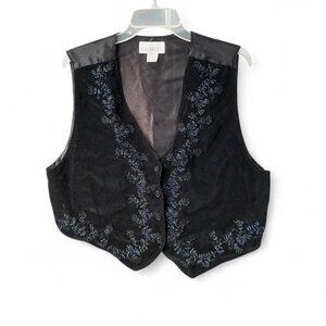 Vintage Black Velvet Satin Beaded Embroidered Floral Vest Large